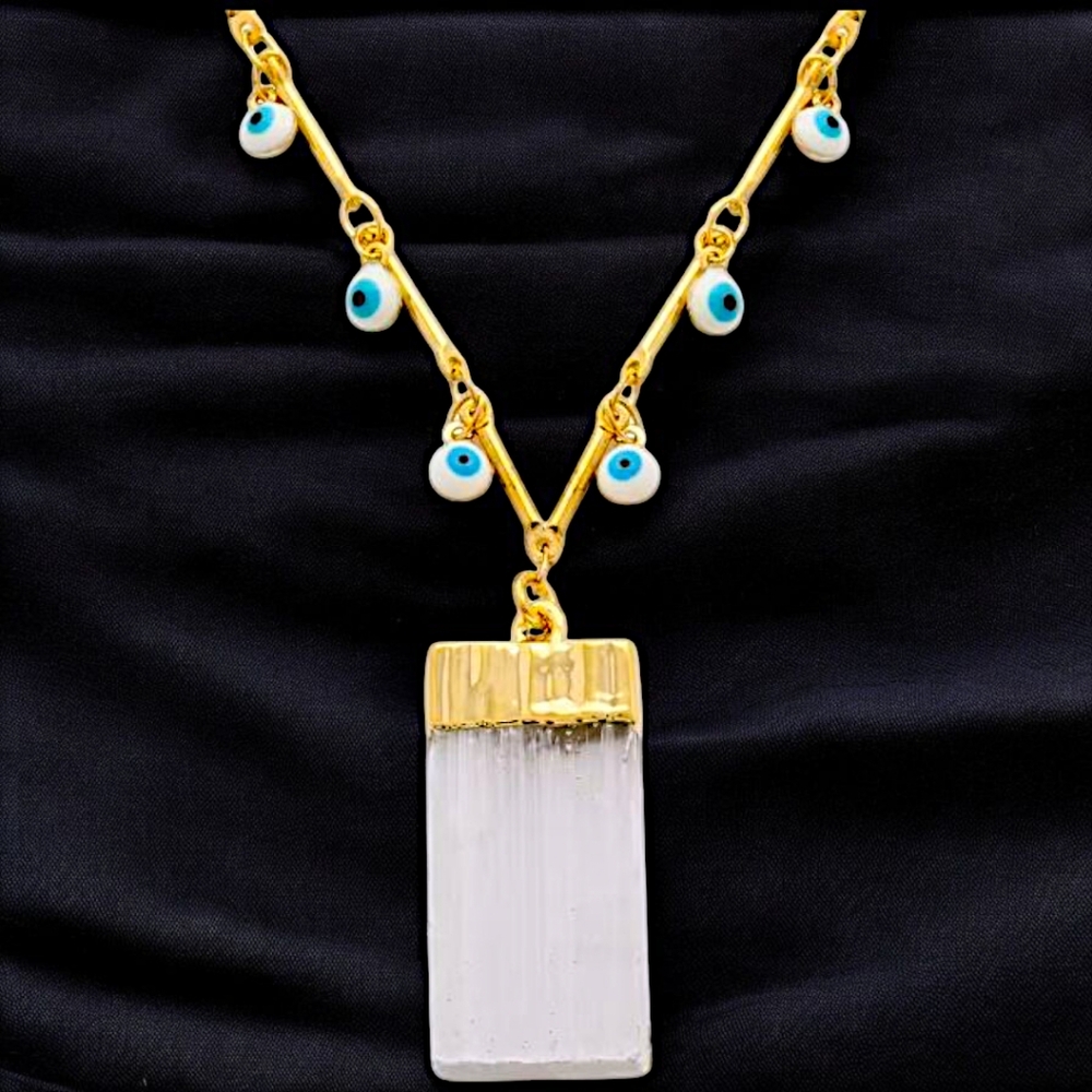 Selenite 24.50 ctw Evil Eye 20-22 Inch Adjustable Pendant Necklace